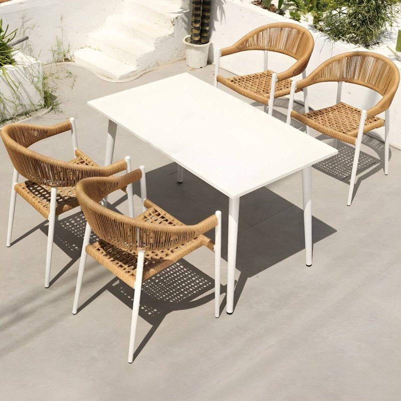 "Elegant Weatherproof White Metal Patio Dining Set with Stackable Chairs - Table & Chair(s) 47"L x 28"W x 28"H 4"