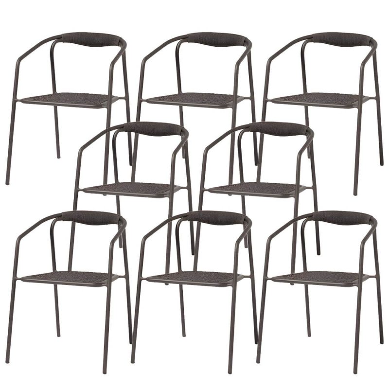 "Farmhouse Aluminum With Arm Open Back Stacking Patio Dining Chair - 8 Piece Set Matte Black Rope"