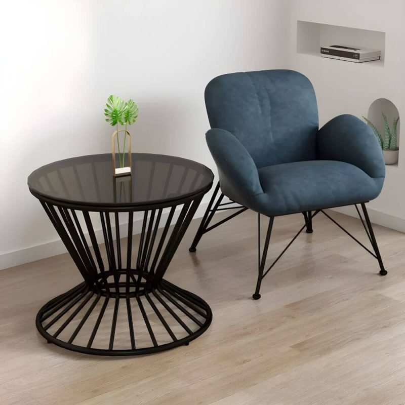 "Contemporary Outdoor Dining Table Furniture Set with Black Round Top for Courtyard - Table & Chair(s) 1 Blue"