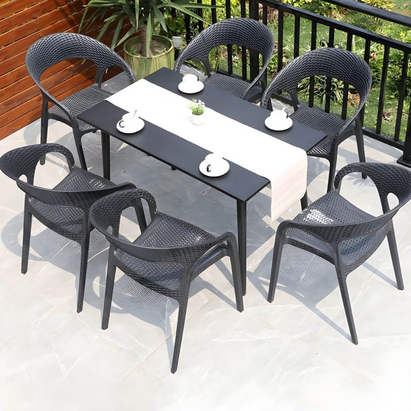 "Black Plastic Outdoor Chair Tropical Dining Armchair Stacking Armchair - 4 Piece Set"