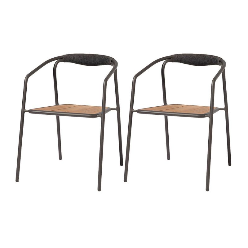 "Farmhouse Aluminum With Arm Open Back Stacking Patio Dining Chair - 2 Piece Set Matte Black Ash"