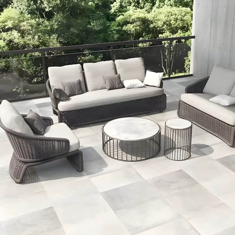 "Modern Gray Metal Frame Light Wood Outdoor Modular Design Sofa with Cushions - 2-Seater Sofa"