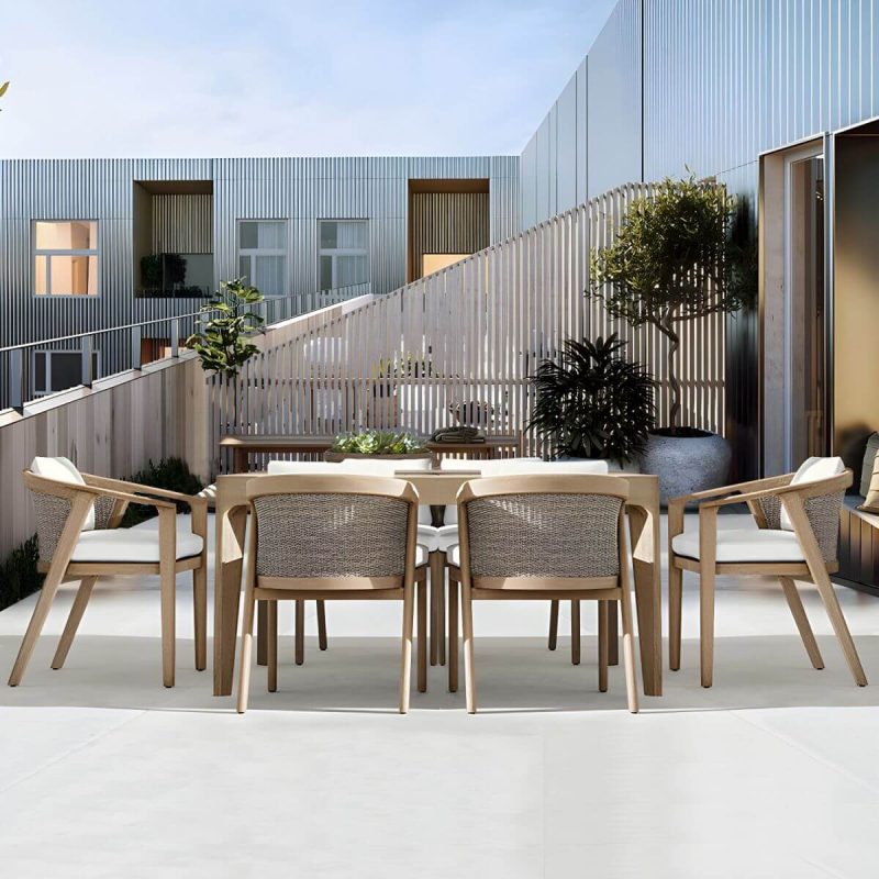"Modern Brown Wood Side Chair with Wicker Back and Beige Cushions - 4 Piece Set With Arms"