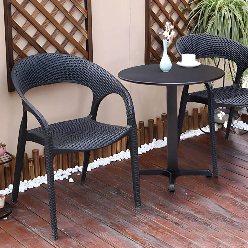 "Contemporary Black Plastic Outdoor Bistro Chairs with Arms and 4 Legs - 6 Piece Set"