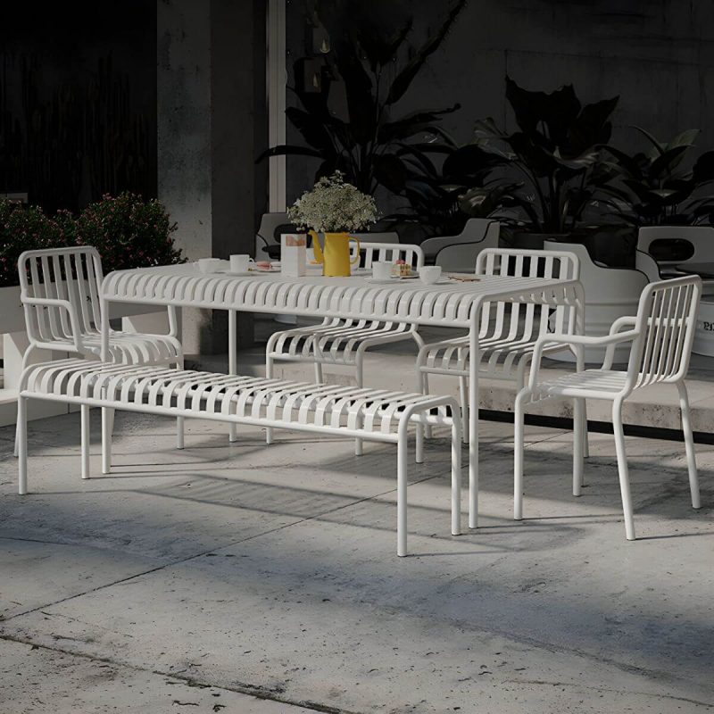 "White Metal Modern Patio Dining Table Waterproof Design without Umbrella Hole - 55.1"L x 27.6"W x 29.5"H Table Only"