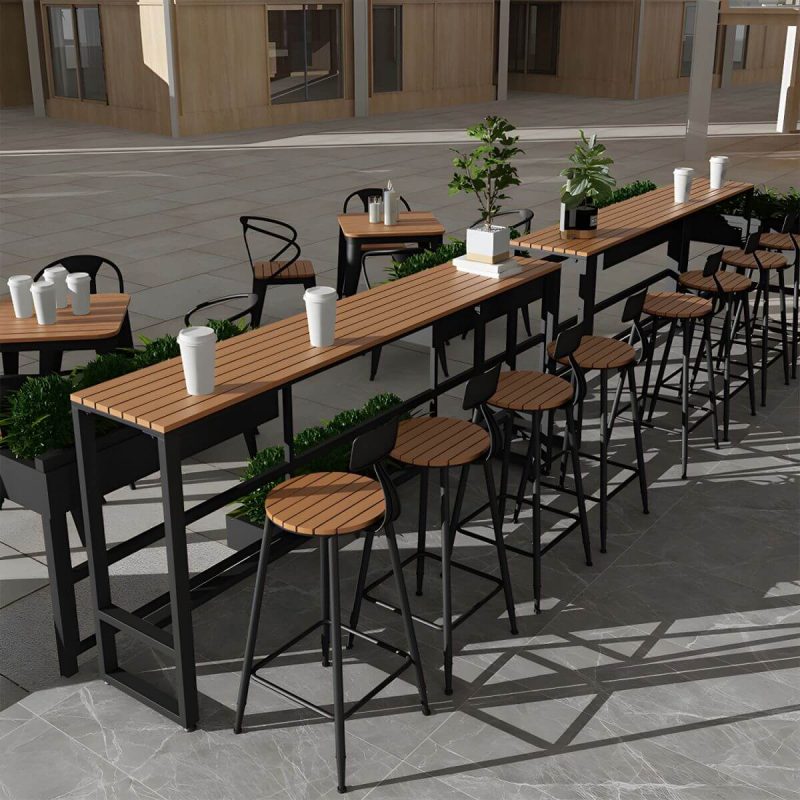 "Brown Faux Wood Bar Height Table Industrial Rectangle Patio Table - 63"L x 15.7"W x 41.3"H Table Only"