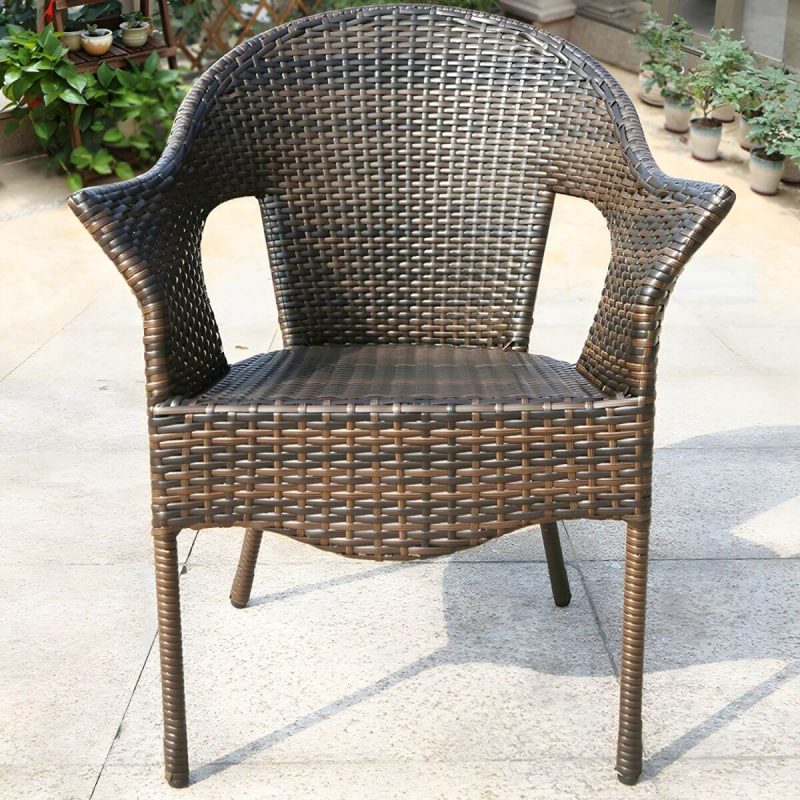 "Stackable Traditional Metal Arm Chair with Brown Wicker Back and Rust Resistant Aluminum Frame - 4 Piece Set"