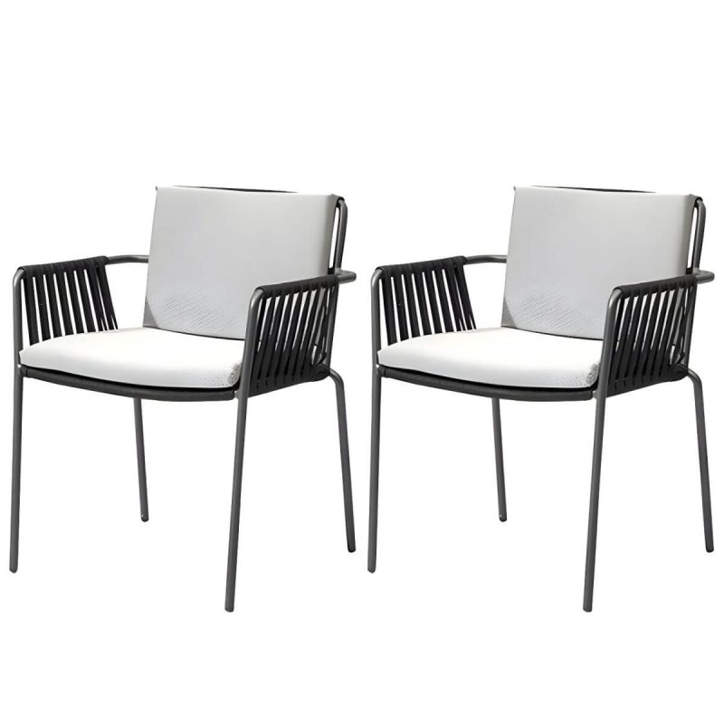 "Modern Dining Armchair with Cushions and Arm Water Resistant - Black 2 Piece Set Rattan"