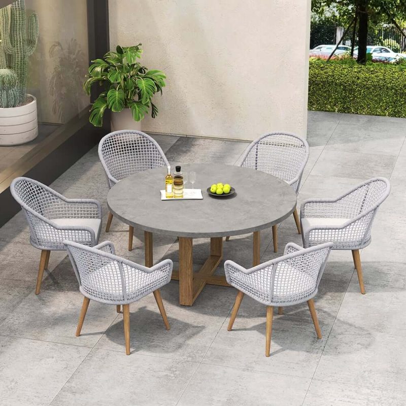 "7 Pieces Teak Round Outdoor Concrete Dining Set with Gray Table Woven Armchair 6-Person"