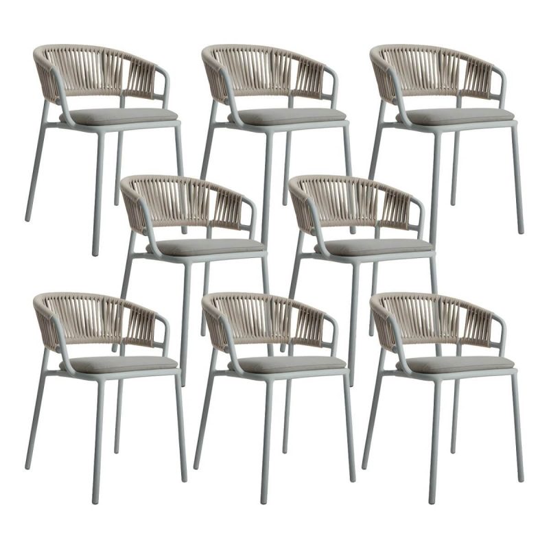 "Modern Light Brown Dining Arm Chair Cane Back for Living Room - Light Gray 8 Piece Set"