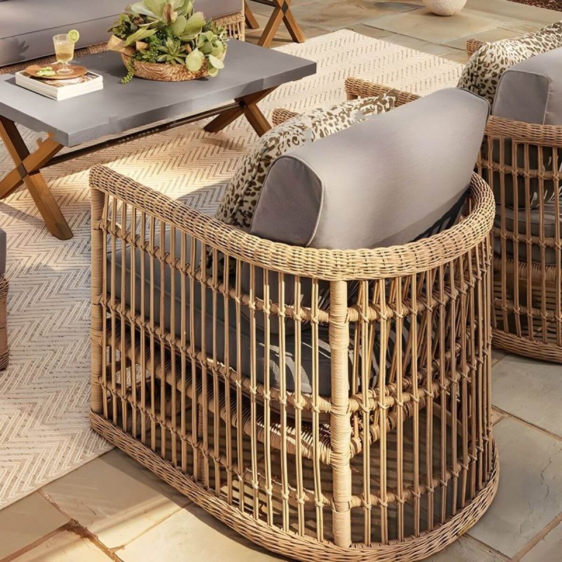 "Modern White Upholstered Wicker/Rattan Sofa with Waterproof Cushions and Pillows - High Back Sofa"