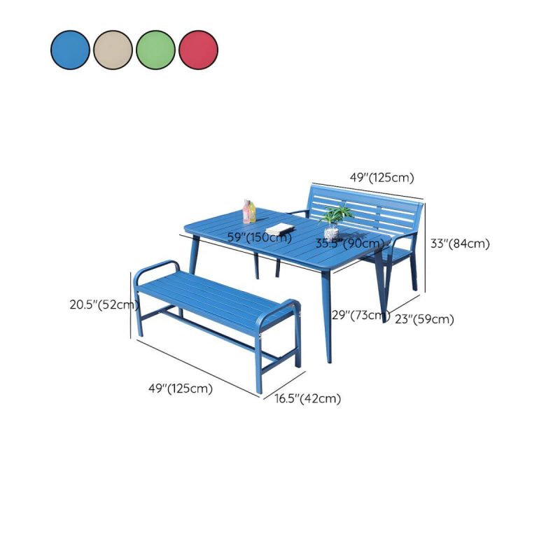 "Dimension of Sleek Metal Outdoor Dining Set Rectangular Table with 2 Stylish Benches - Table & 2 Benches 59"L x 35"W x 29"H Blue"