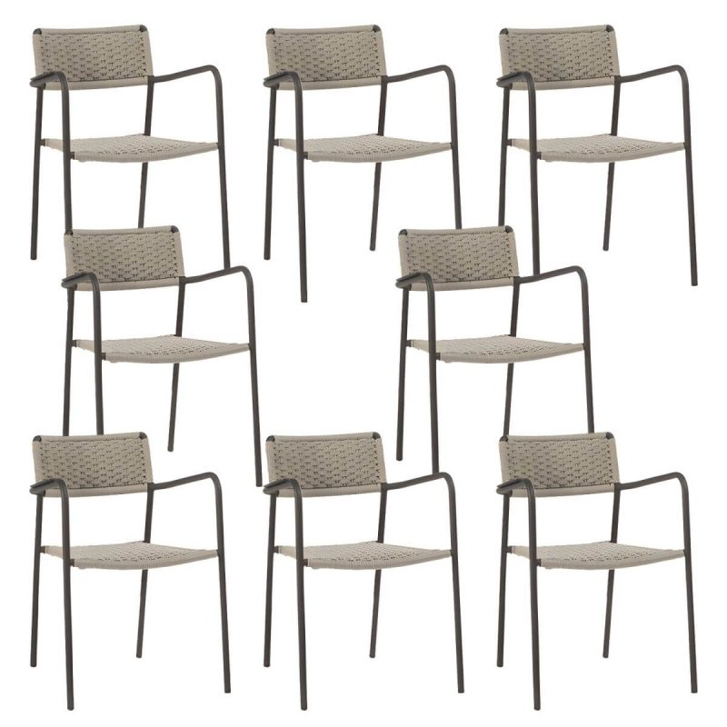 "Rattan Contemporary Aluminum Stacking Patio Arm Chair in Gray - 0.06" Aluminum Frame 8 Piece Set"