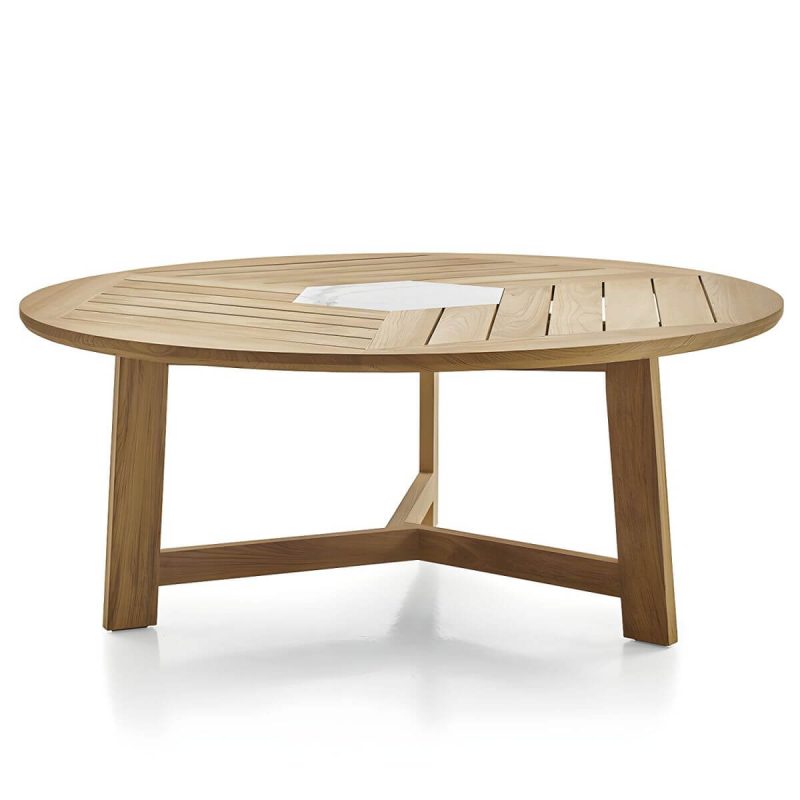 "Teak Wood Modern Patio Dining Table with Umbrella Hole - Waterproof and UV Resistant - Table Only 71"L x 71"W x 29"H Round"