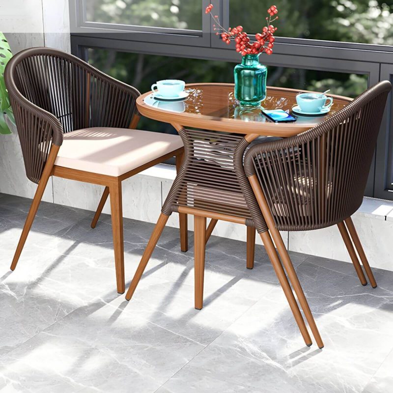 "Contemporary Dining Table Set with Oval Top and 2 Woven Chairs for Courtyard - Table & Chair(s) 2 Walnut/ White"