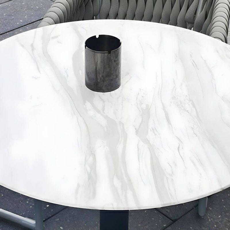 "Stone Patio Dining Table Set Metal Black Legs with Gray Cushion and Woven Chair Back - Table 19.7"L x 19.7"W x 19.7"H"