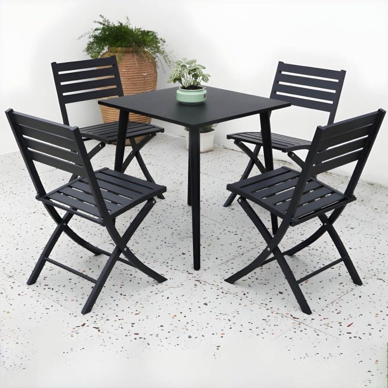 "Metal Modern Folding Patio Dining Set with Strap Back Chairs - Table & Chair(s) 28"L x 28"W x 28"H 4 Black"