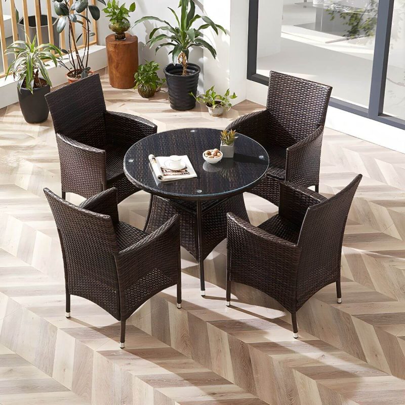 "Modern Style Dining Set Glass Top 5/7 Pieces Water Resistant Dining Set - Table & Chair(s) 4 Round Clear-Brown"