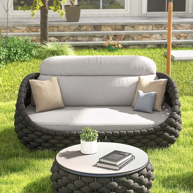 "Tatta 2-Seater Woven Rope Outdoor Sofa Patio Loveseat Removable Cushion Gray & Black"