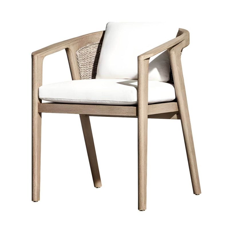 "Modern Wooden Arm Chair with Brown Frame and White Cushions for outdoor dining in the patio - With Arms Teak 26"L x 25"W x 33"H"