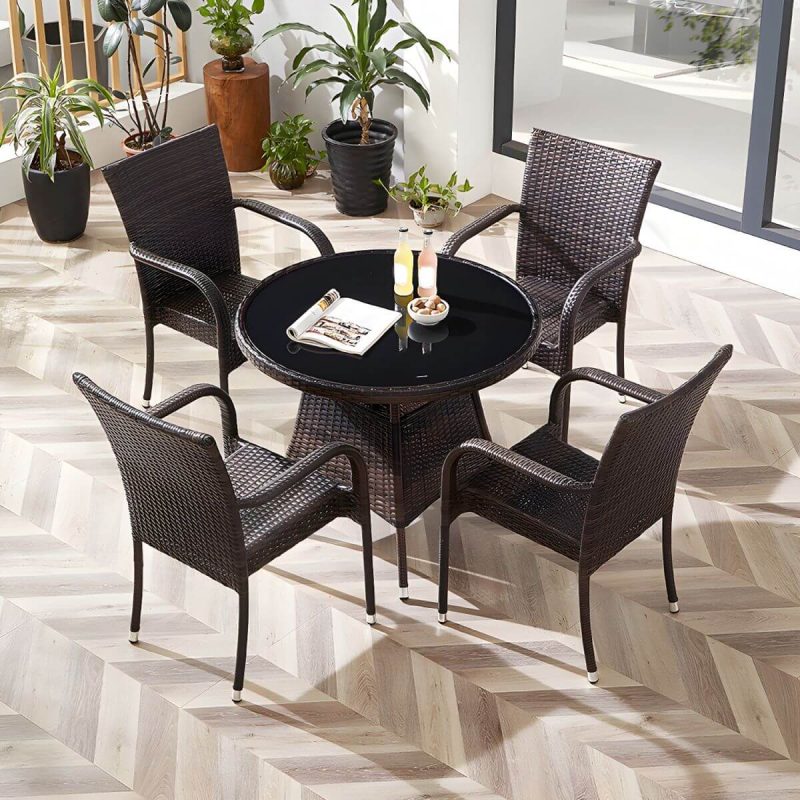 "Modern Style Dining Set Glass Top 5/7 Pieces Water Resistant Dining Set - Table & Chair(s) 4 Round Black"