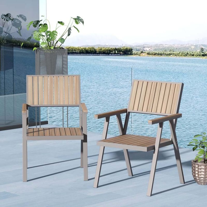 "Modern Aluminum & Wood Outdoor Dining Chair Patio Armchair in Natural & Gray (Set of 2)"