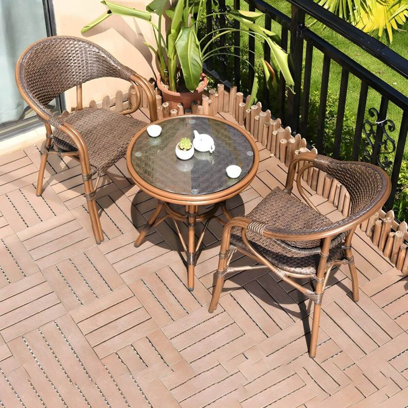 "Contemporary Brown Dining Table Set 2 Woven Chairs for Courtyard - Table & Chair(s) 2 Tan"