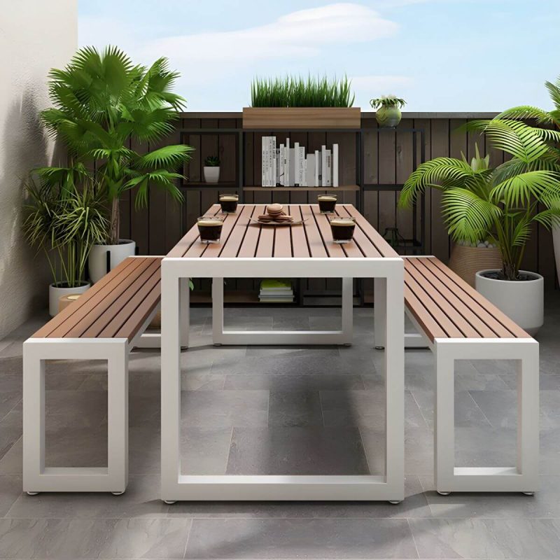 "Modern Wood Patio Dining Table without Umbrella Hole in Natural Finish - Durable and Stylish - Table Only 55.1"L x 27.6"W x 29.5"H White"