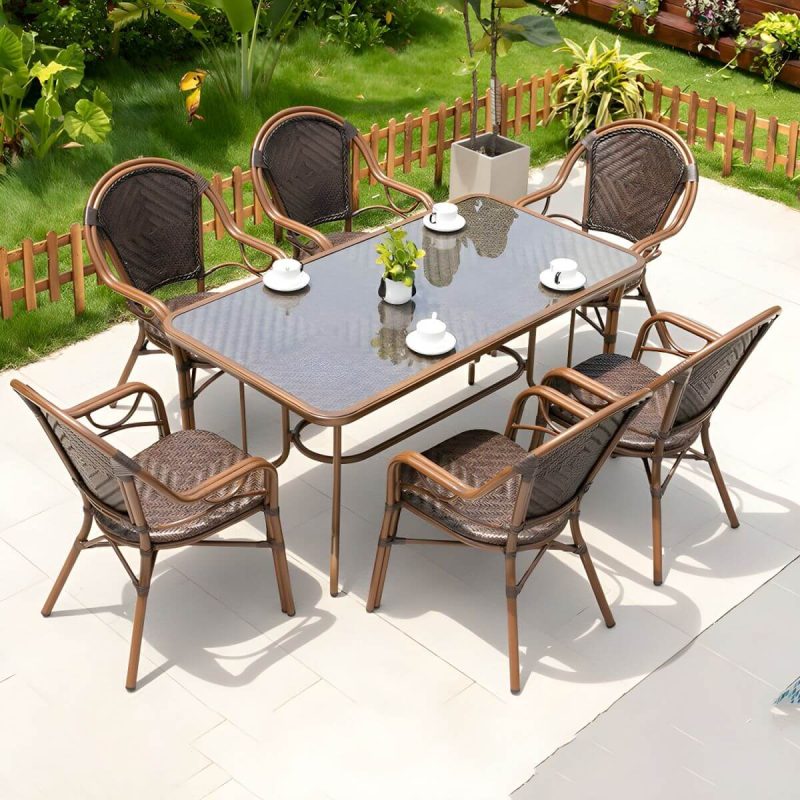 "Contemporary Dining Table Set with Brown Woven Chair for Courtyard - Table & Chair(s) 59"L x 31"W x 29"H 6"