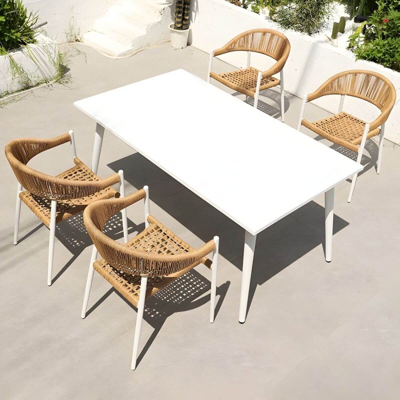 "Elegant Weatherproof White Metal Patio Dining Set with Stackable Chairs - Table & Chair(s) 63"L x 35.4"W x 29.5"H 4"