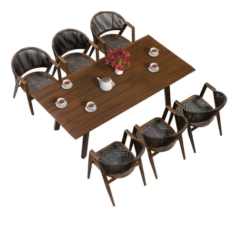 "Mid-Century Modern Metal Patio Dining Set with Non-Upholstered Wicker Chairs - Table & 6 Chairs 81"L x 39"W x 28"H Nut-Brown"