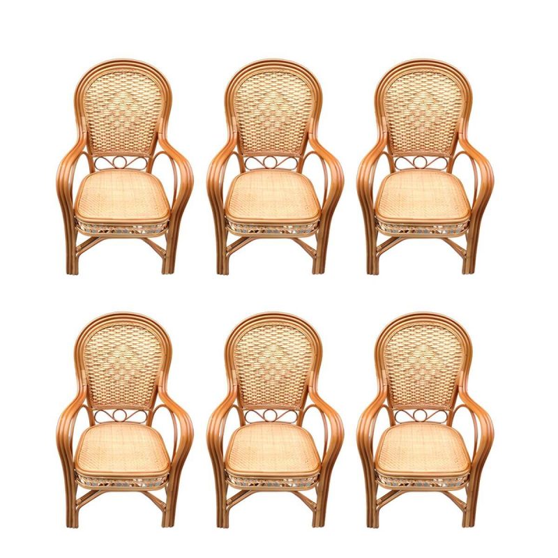 "Traditional Patio Dining Armchair in Rattan Single Outdoor Chair - Brown/ Yellow Hollow 6 Piece Set"