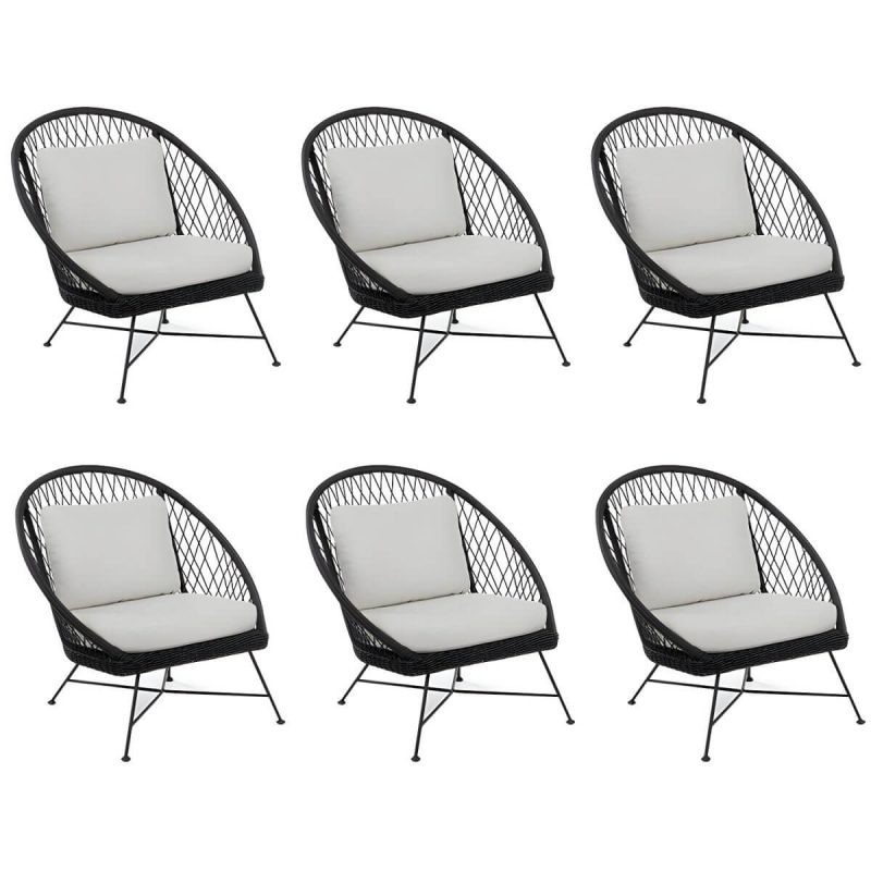 "Tropical Outdoors Dining Chair Rattan Side Chair with Cushion - 33.5"L x 31.5"W x 35.4"H Black 6 Piece Set"