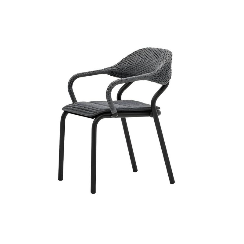 "Modern Gray Metal Patio Dining Arm Chair with Wicker Rattan Back - 2 Piece Set"