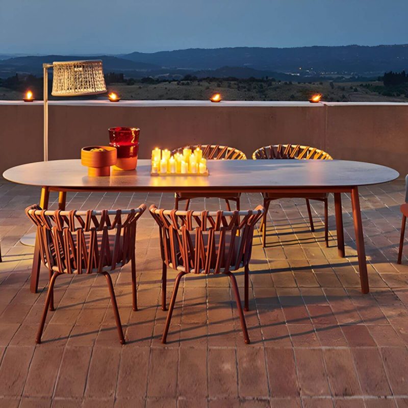 "Contemporary Style Stone Patio Table Oval Shape with Metal Legs in Grey/White - Table Only 94.5"L x 39.4"W x 29.5"H Gray"
