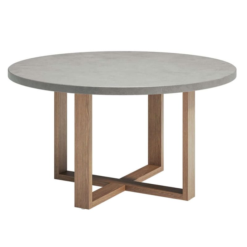 "7 Pieces Teak Round Outdoor Concrete Dining Set with Gray Table Woven Armchair 6-Person"