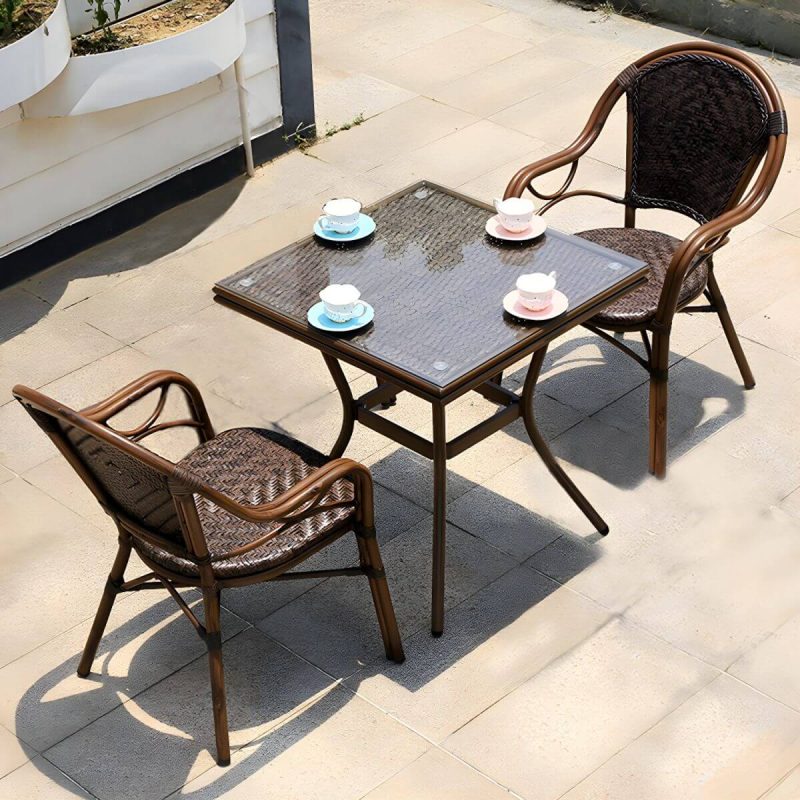 "Modern Brown Glass Top Patio Table Set Metal 4 Legs for Outdoor - Table & Chair(s) 28"L x 28"W x 30"H 2"