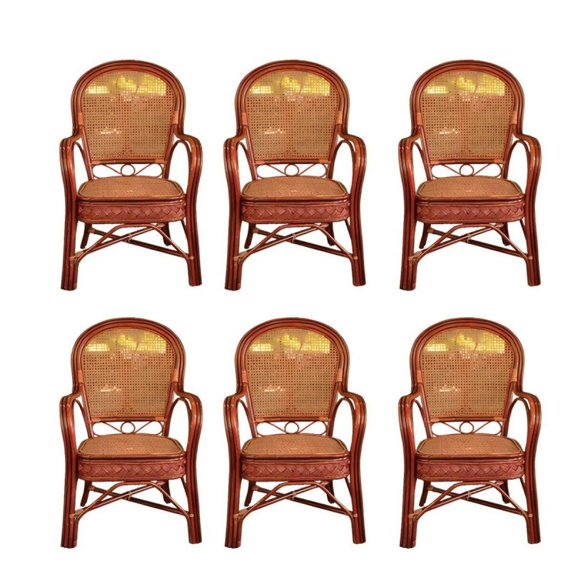 "Traditional Patio Dining Armchair in Rattan Single Outdoor Chair - Burgundy Rattan Weaving 6 Piece Set"