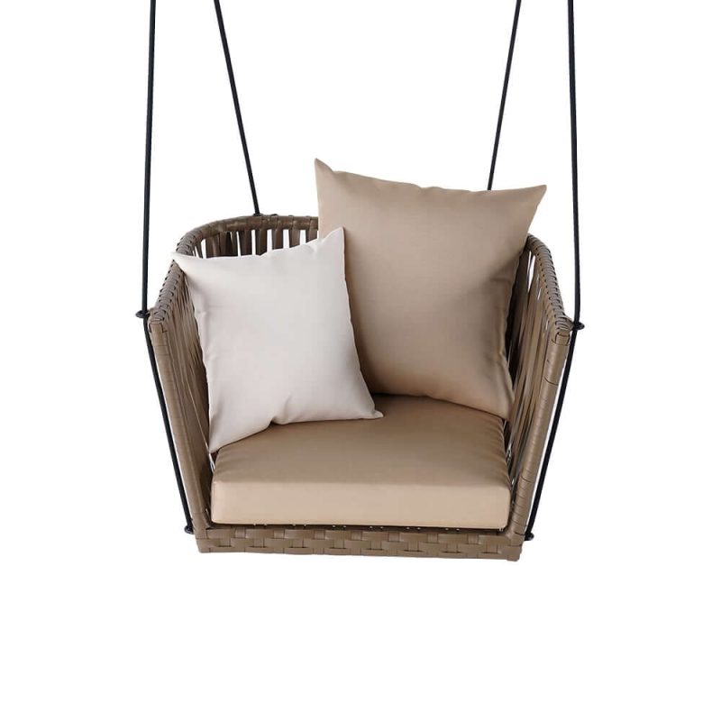 "Traditional Outdoor Hanging Chair Rattan Porch Swing Chair with Khaki Cushion Pillow"