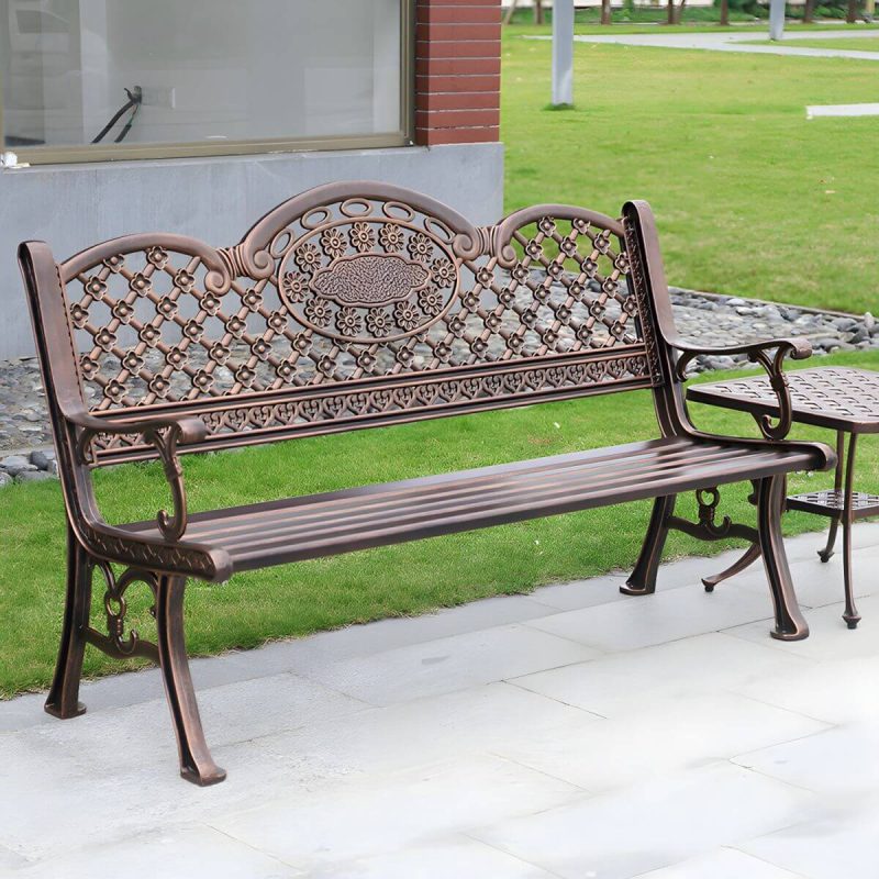 "Modern Style Metal Park Bench with Legs Water Resistant for Outdoor - Bronze 61"L x 24"W x 34"H"