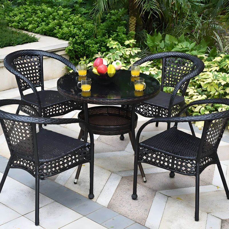 "Modern Stackable Arm Chair with Black Wicker Frame and Back for Outdoor Dining - 6 Piece Set"