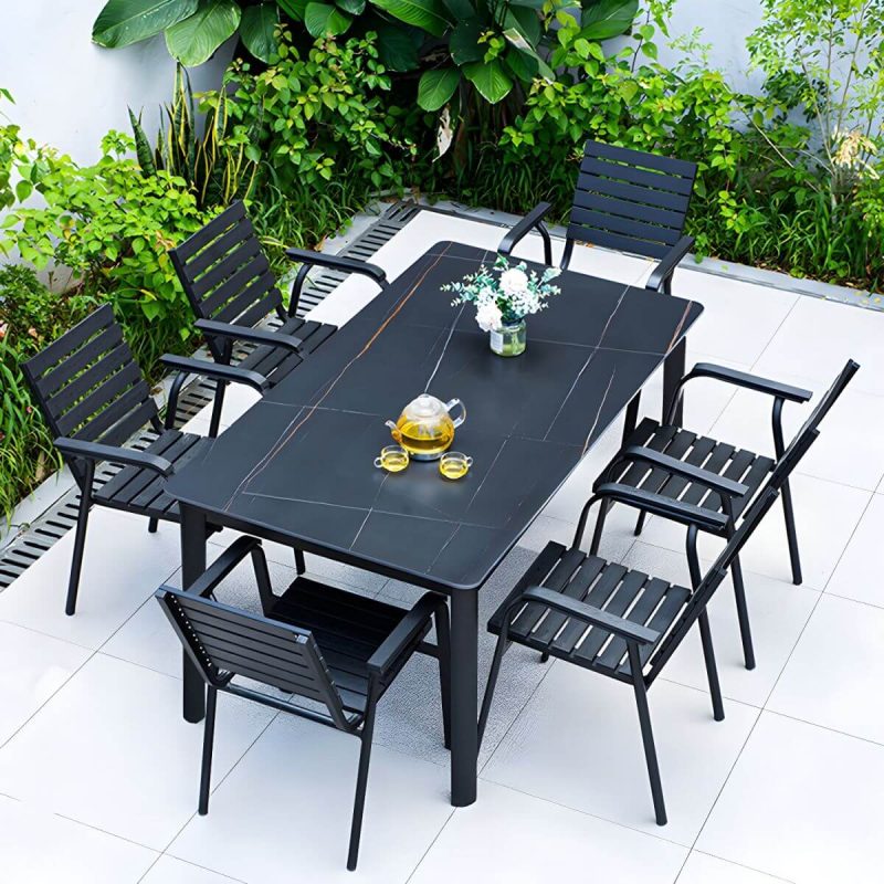 "Metal and Slate Patio Table Industrial Wind Room Outdoor Patio Dining Table - 59.1"L x 27.6"W x 29.5"H Table Only"