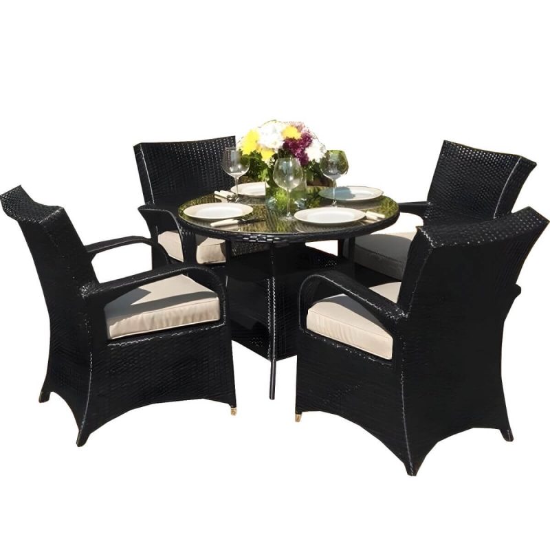 "Glass Brown Dining Table Set with Rattan Chairs for Courtyard - Table & Chair(s) 59"L x 31"W x 28"H 6 Coffee"