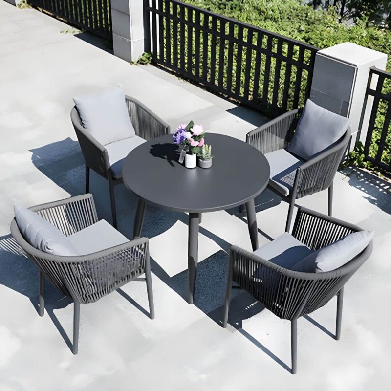 "Contemporary Dining Table Set with Woven Chairs for Courtyard - Table & Chair(s) 118 x 80 x 74 cm 6"