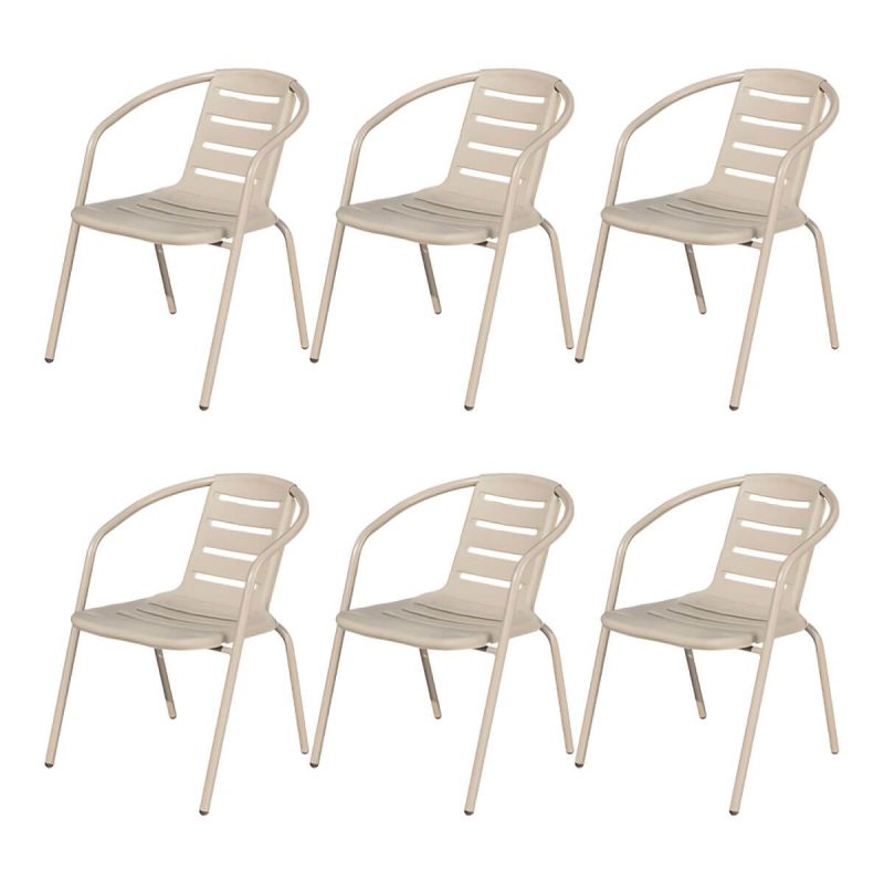 "Stackable Beige Metal Arm Chair with Waterproof Durability - Modern Style - 6 Piece Set"