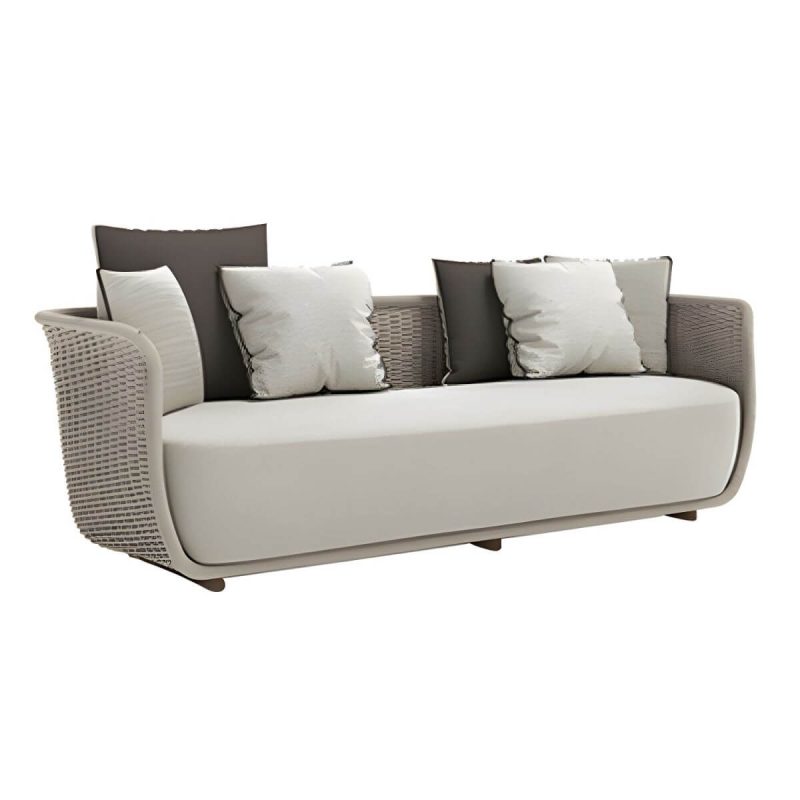 "Rattan Water Resistant Patio Sofa Symmetrical with Cushions for Outdoor - Khaki 3-Seater Sofa"