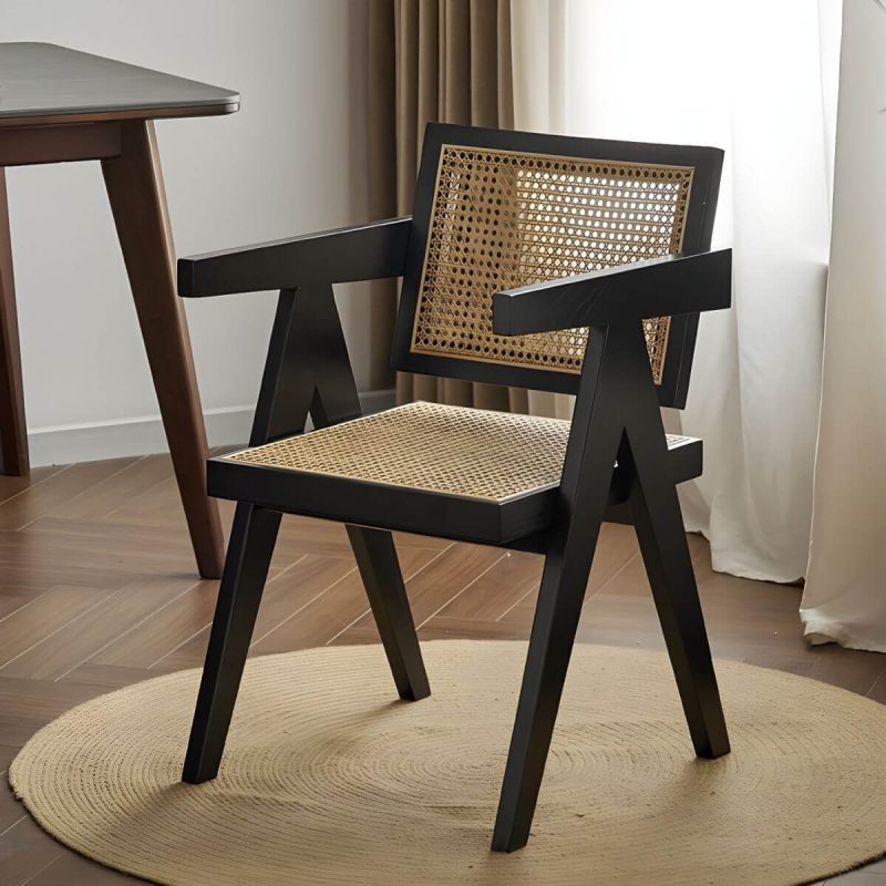 "Vine Woven Modern Courtyard Dining Chairs solid Wood Frame for Outdoor - Black With Arms"