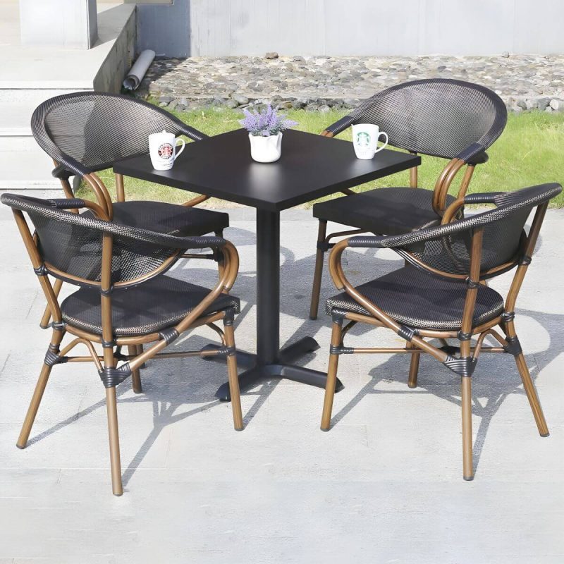 "Metal Modern Brown Patio Dining Set with Stackable Chairs and Weatherproof Durability - Table & Chair(s) 70 x 70 x 74 cm 4"