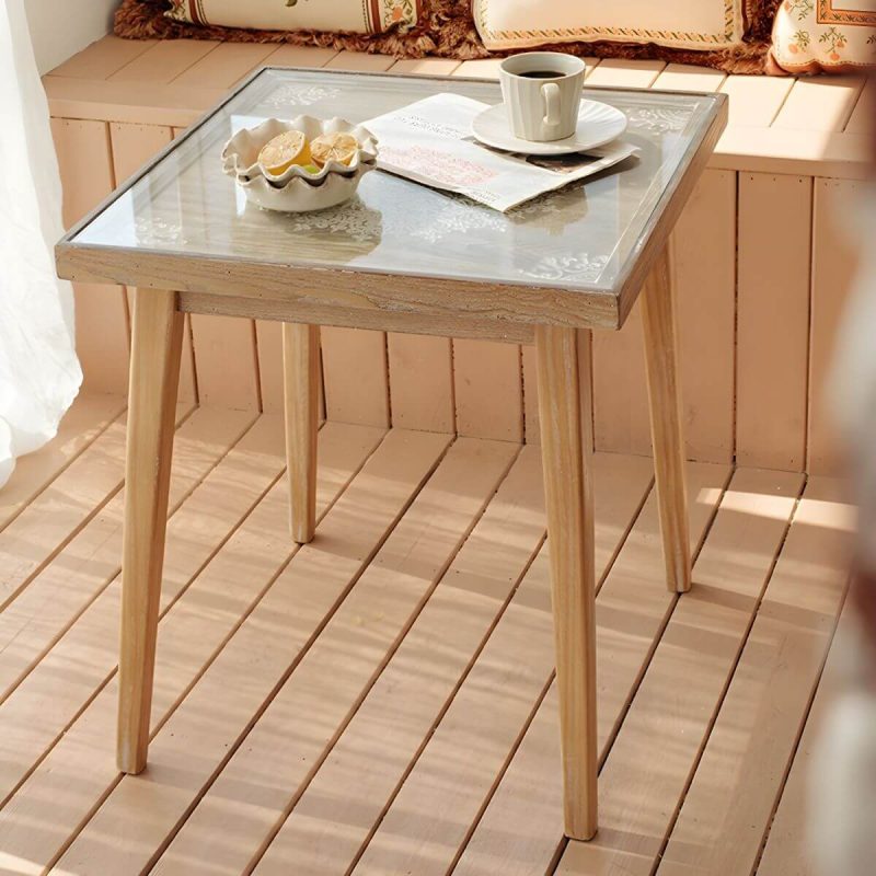 "Modern Square Wood Patio Chat Table with Glass Top in Brown Finish - Table Only 80 x 80 x 75 cm"
