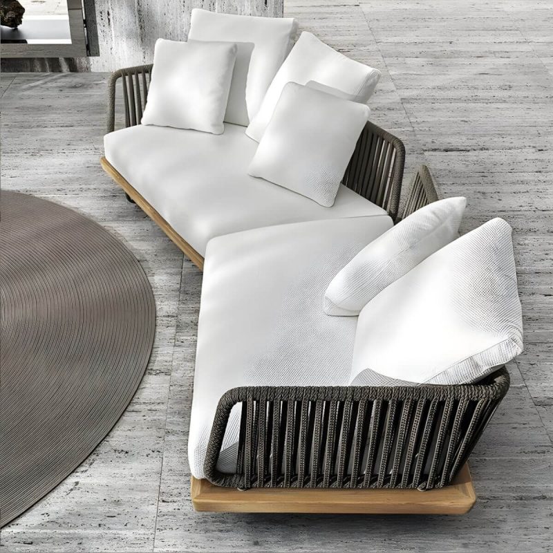 "Tropical Patio Sofa Wood With Cushions Beige Fabric Water Resistant Outdoor Patio Sofa - 60"L x 64"W x 32"H"